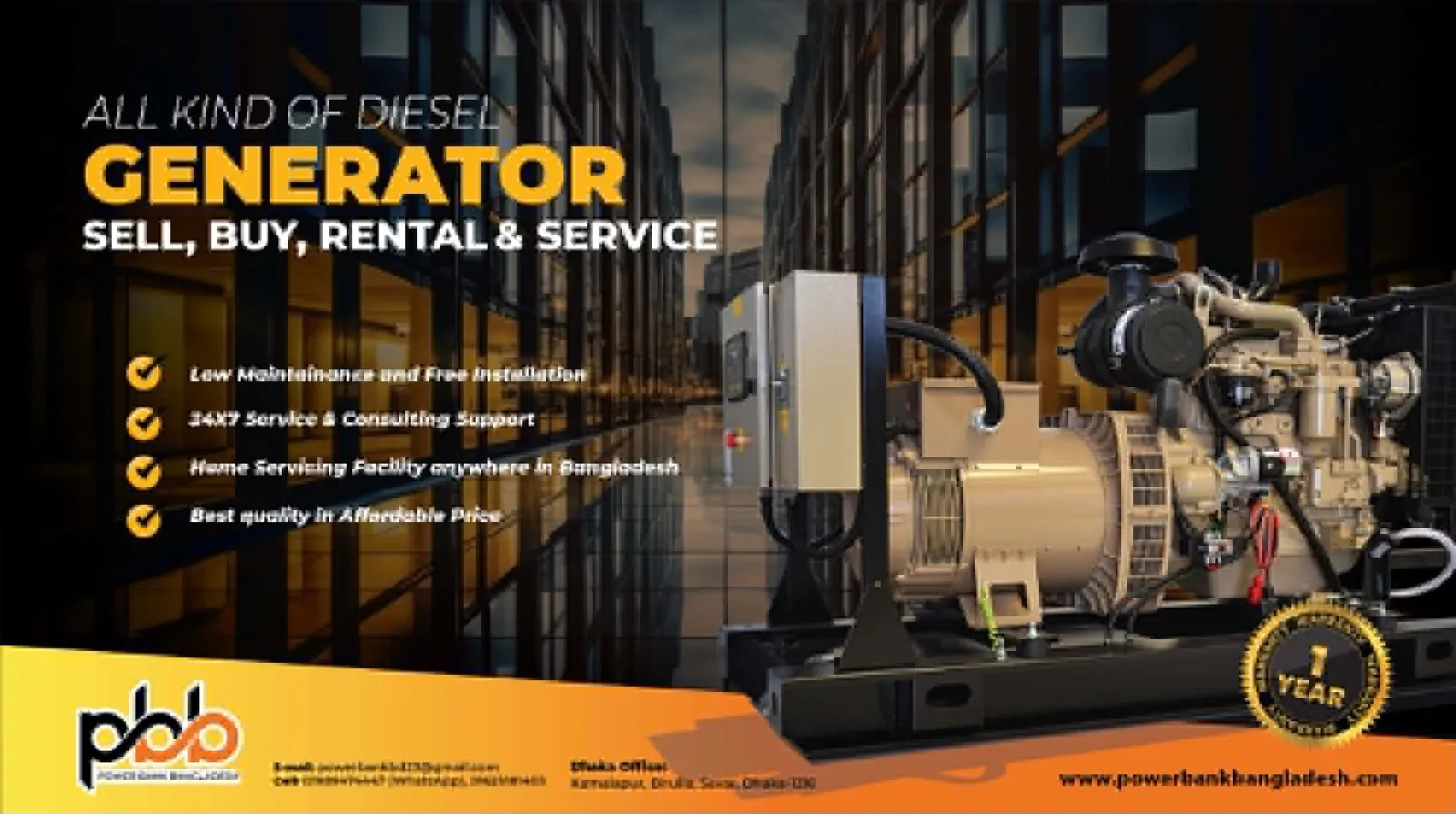 Open diesel generator at a night site: All kind of diesel generator, sell, rental and service